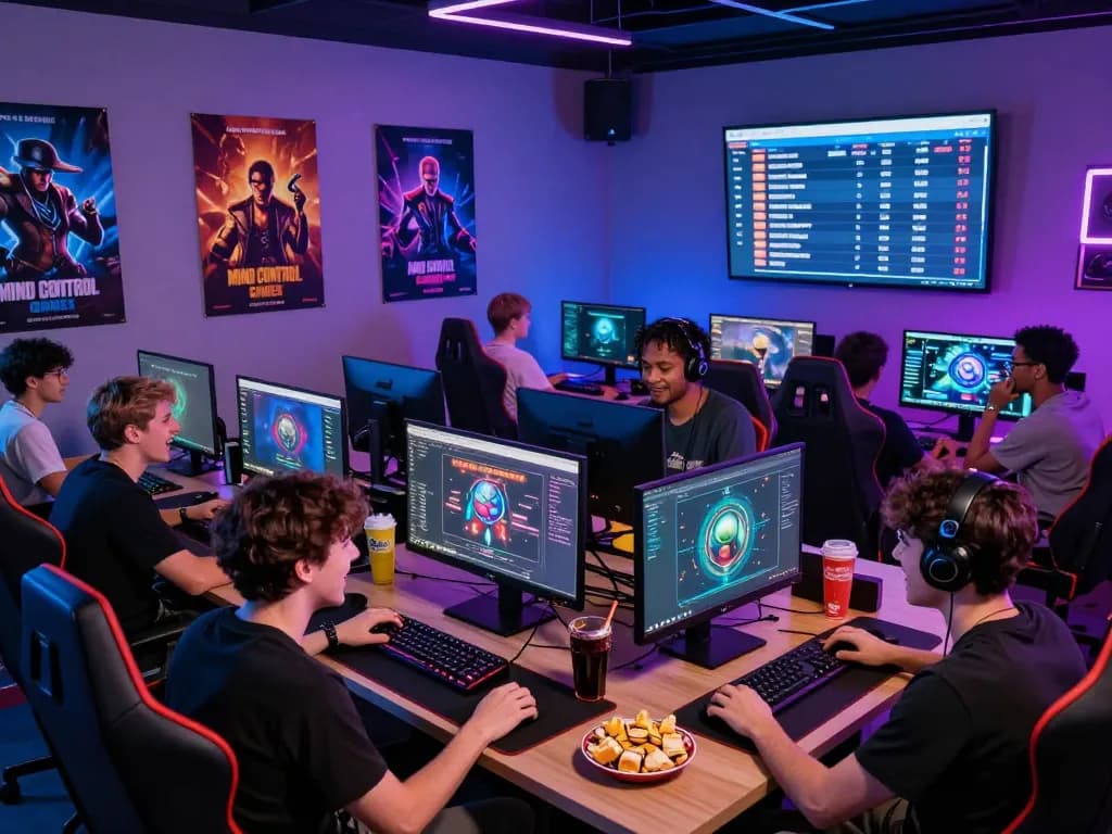 Engaging scene of players enjoying hypno porn-inspired mind control games in a vibrant gaming room.