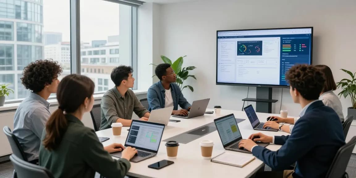 Collaboration scene in London business IT support meeting with diverse team, laptops, and analytics displayed.