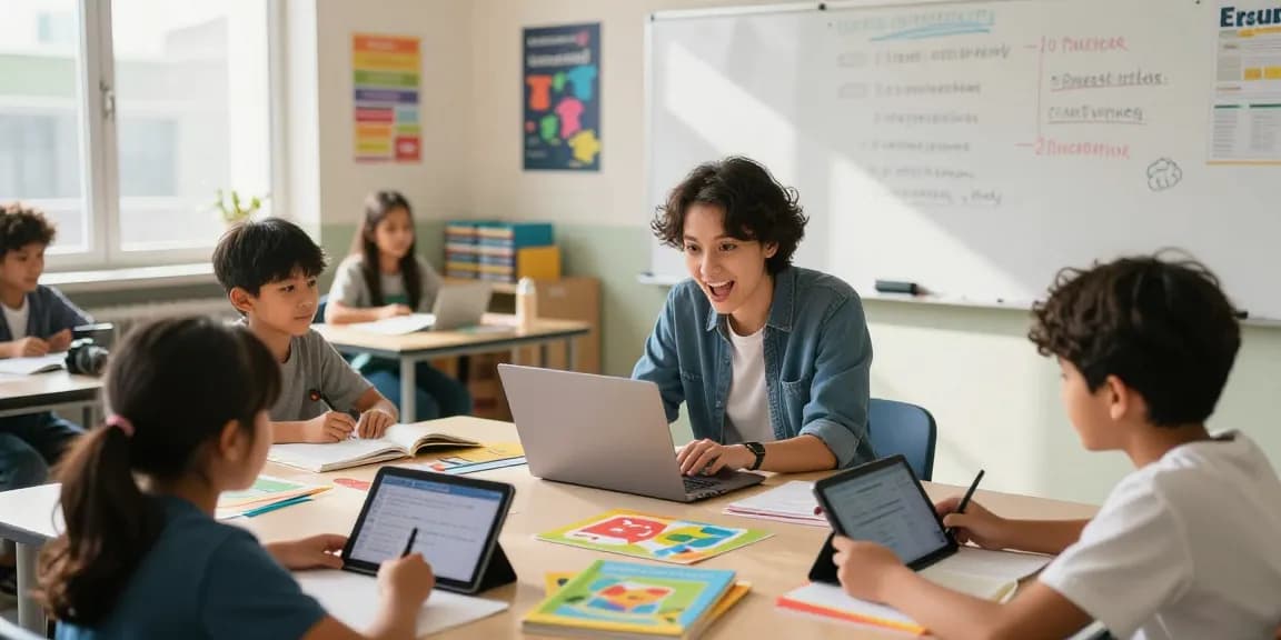 Teacher using EMStudio online teacher planner in a vibrant classroom setting, enhancing classroom management and student engagement.