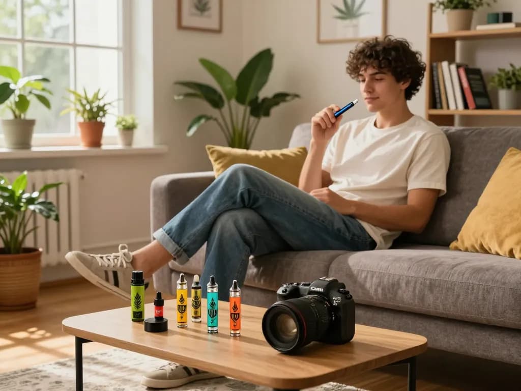 Un giovane adulto che si gode una sessione di penna vape THC in un appartamento accogliente con decorazioni eleganti e cartucce vape THC.