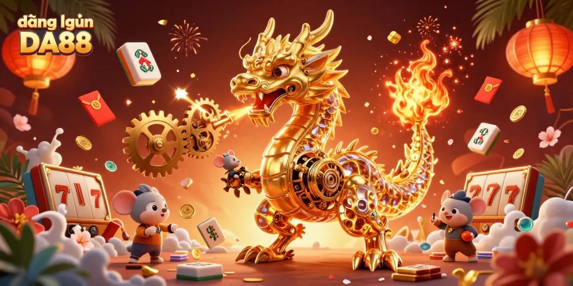 Engage with đăng nhập DA88 as the golden dragon breathes gears in a vibrant casino art scene.