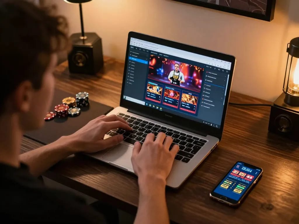 Player engaging in xx 88 online casino gaming on a laptop, showcasing a strategic gaming setup.