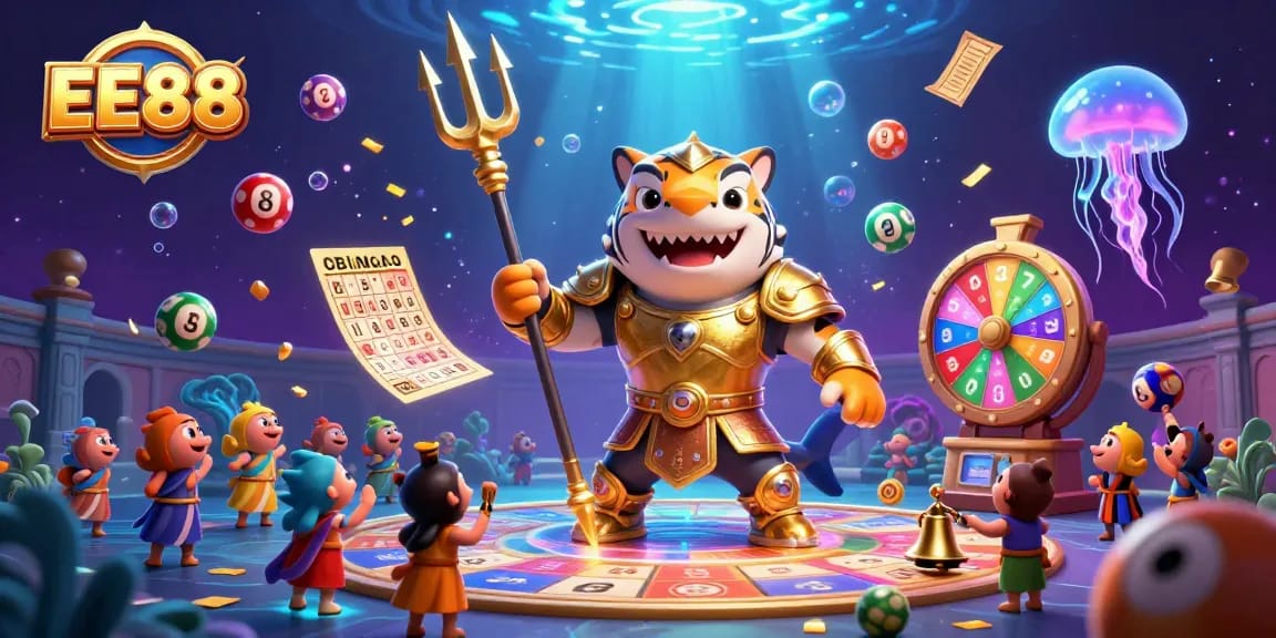 Experience the excitement of EE88 with a vibrant underwater casino scene featuring a tiger shark in gladiator armor.