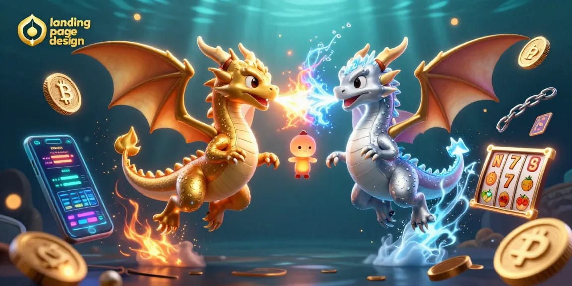 Engaging landing page design capturing casino action with dragons and crypto elements.