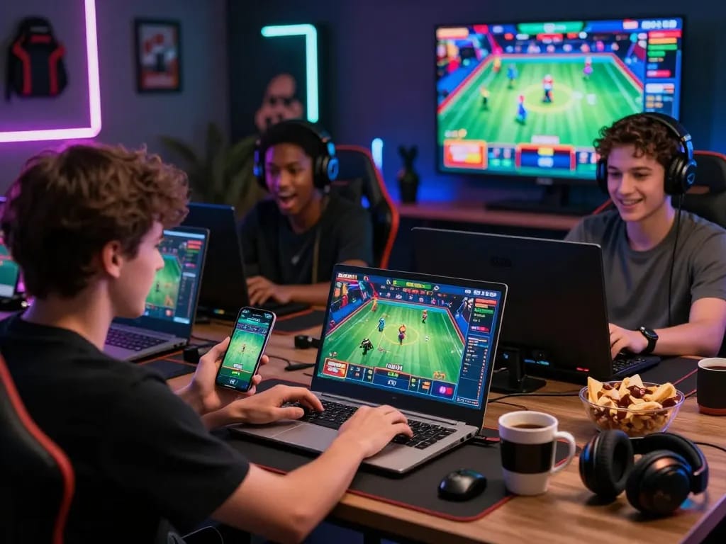 Players enjoying the MMOO online betting experience with vibrant screens and gaming gear.