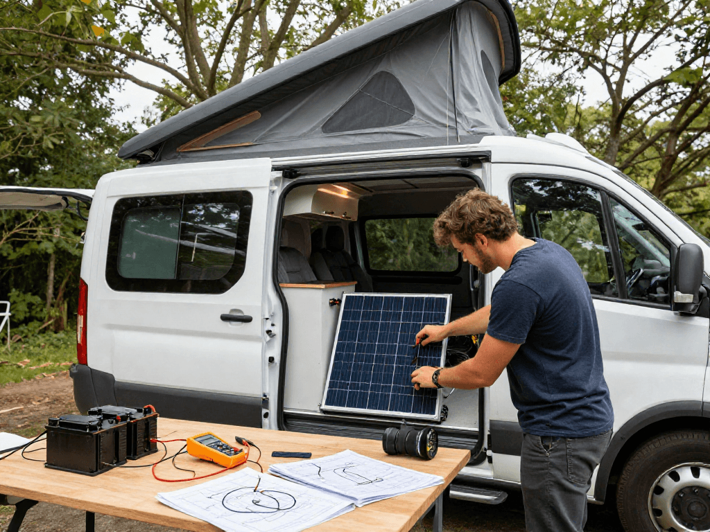 rokok88 electrical van installation with solar panels and inverter in modern camper van