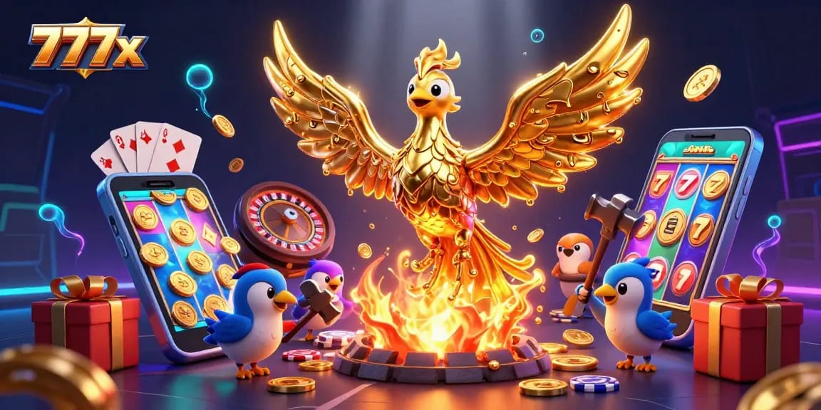 Experience winning spins with 777x as a molten phoenix creates golden coins among vibrant slot games.