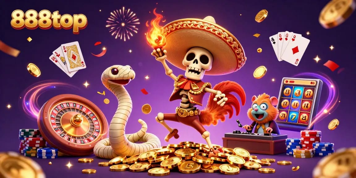 Spin to win with 888top! Celebrate in a colorful casino scene filled with coins and cards.