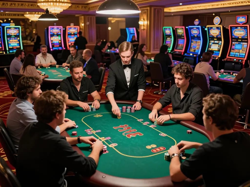 Join the excitement of KJC poker at a lavish casino, players compete, dealer shuffles cards.