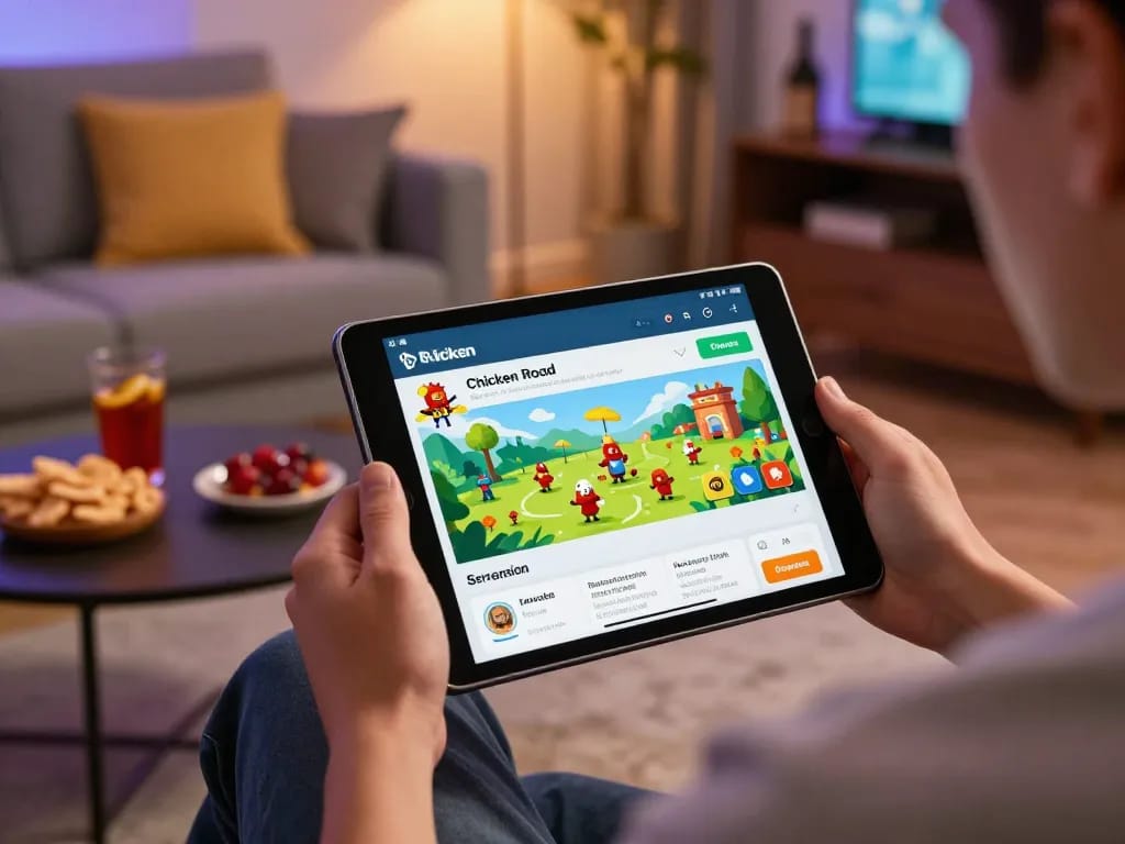 Giocando all'app Chicken Road recensioni su un tablet in un accogliente setup casalingo, che mostra un'esperienza di gioco dinamica