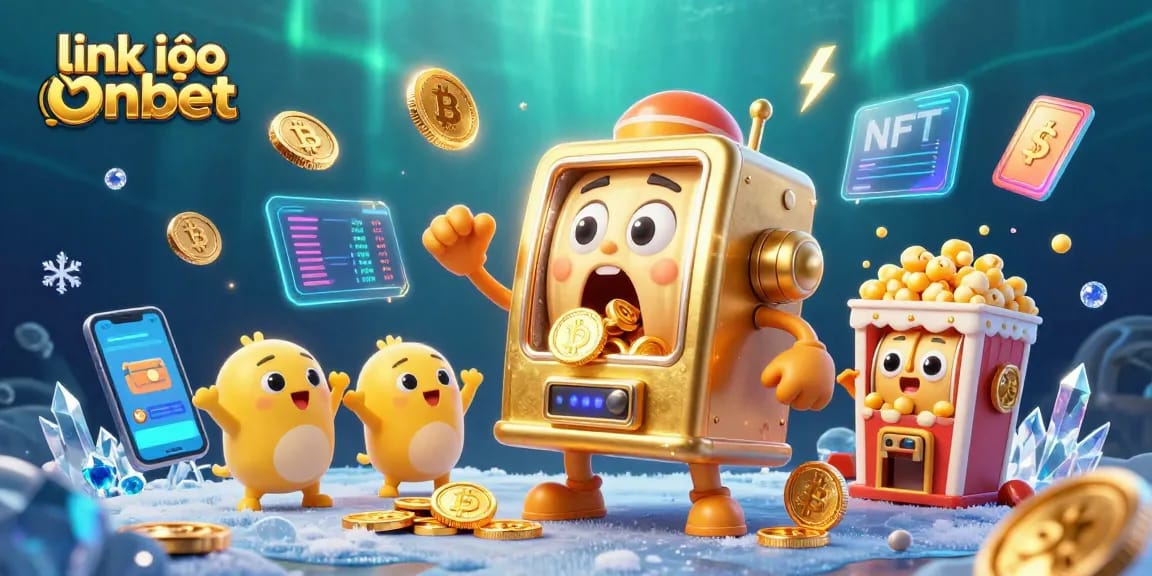Win at Onbet with a golden slot machine hitting a jackpot, surrounded by cheering smaller slots and crypto coins.
