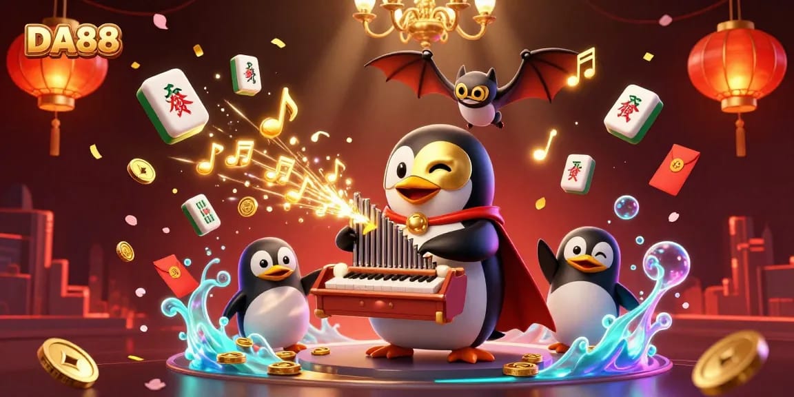 DA88 captures the excitement of online gambling with a vibrant 3D casino scene featuring a penguin and golden musical notes.