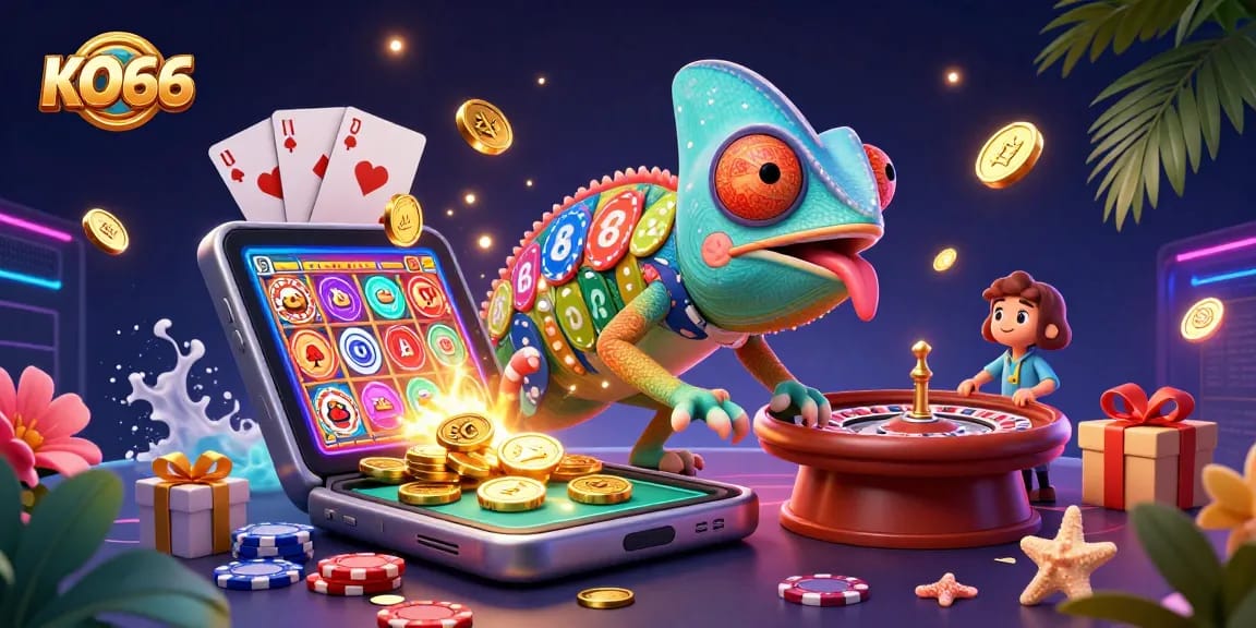 Engage with KO66's vibrant gambling adventure featuring a chameleon owner grabbing golden coins.