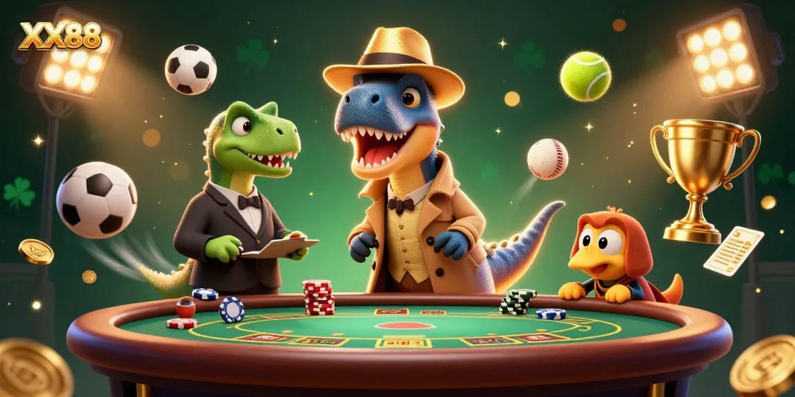 Experience the thrill at XX88 with a velociraptor card counter and exciting sports betting elements!