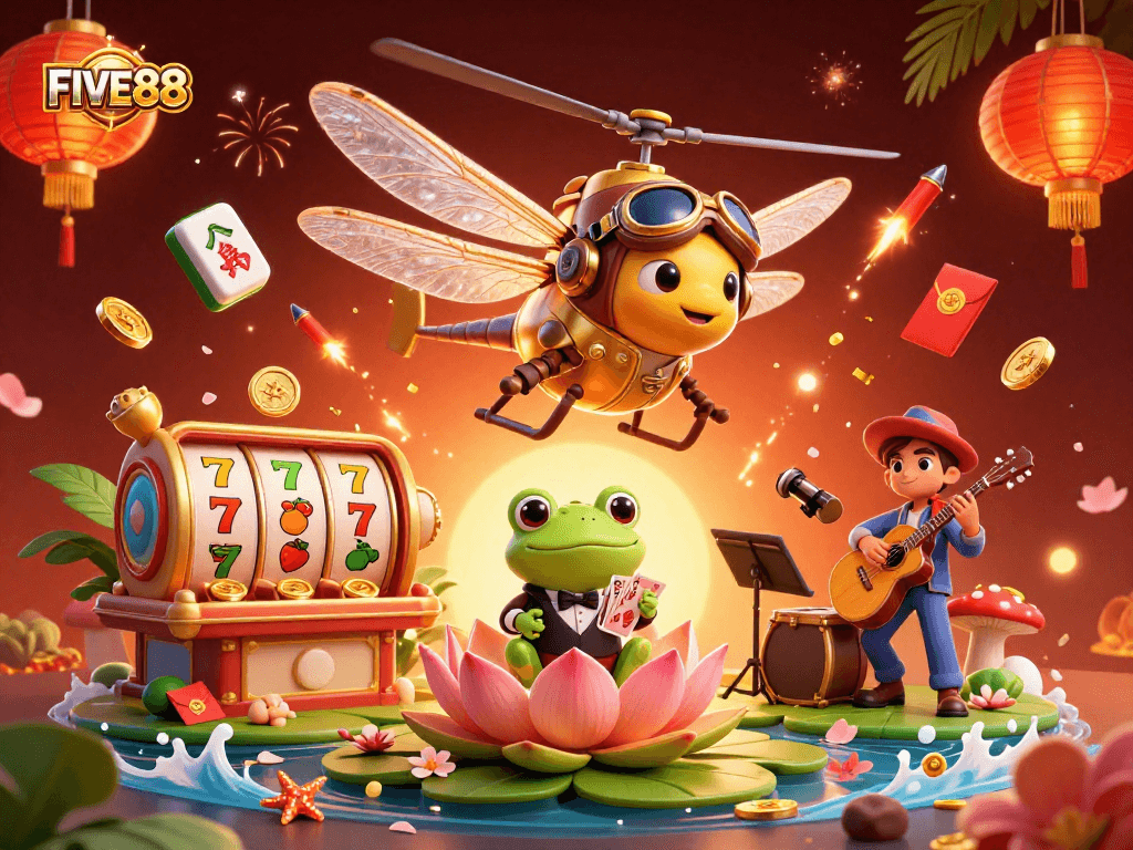 Join the excitement at FIVE88 with vibrant casino action featuring a dragonfly pilot and jazz musicians.