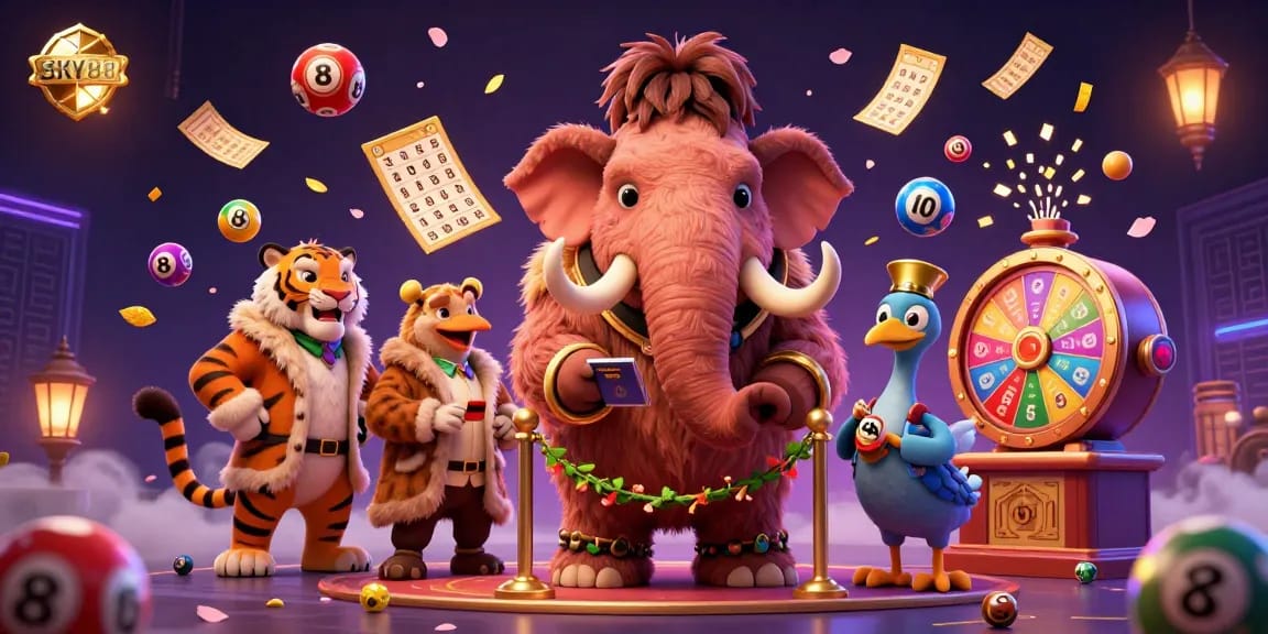 Experience SKY88's thrilling gaming atmosphere with vibrant lottery balls and lively casino characters.