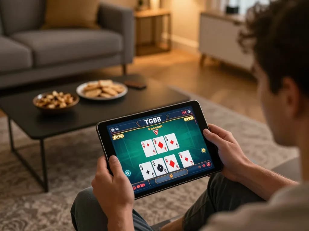 Player enjoying TG88 casino games on a tablet in a cozy living room setup, highlighting online gaming excitement.