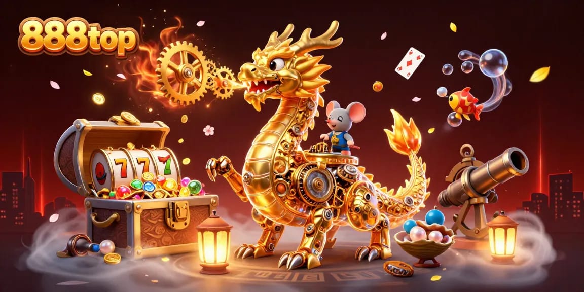 Experience exhilarating gameplay at 888top with a captivating 3D illustration featuring dynamic casino elements.