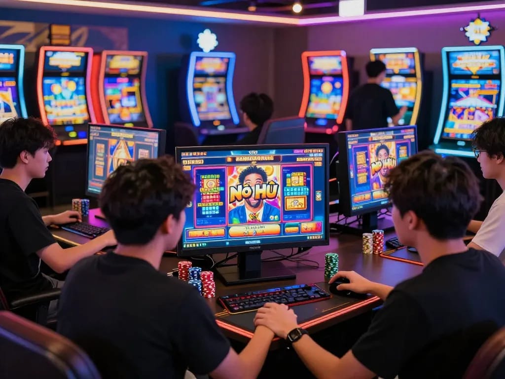 Nổ Hũ online gaming experience with players enjoying vibrant slot machines and dynamic graphics.