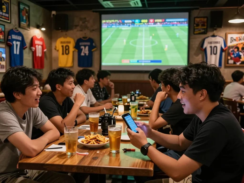 Engaging in "tin soi kèo" during a thrilling live sports betting game night in a vibrant sports bar.