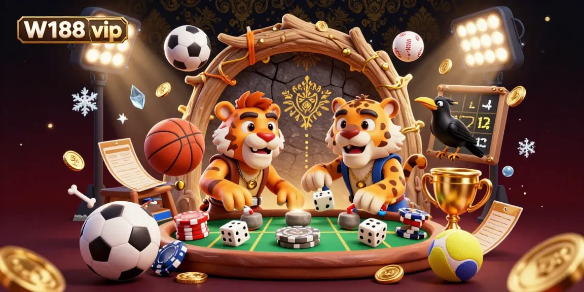 Engage with W188 vip as a caveman and sabertooth tiger create a vibrant prehistoric casino scene packed with elements.