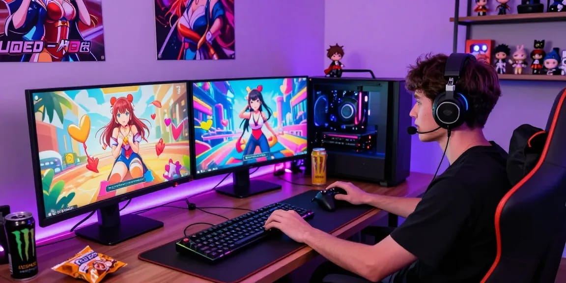 Gamer enjoying free hentai games on a vibrant gaming setup with anime graphics.
