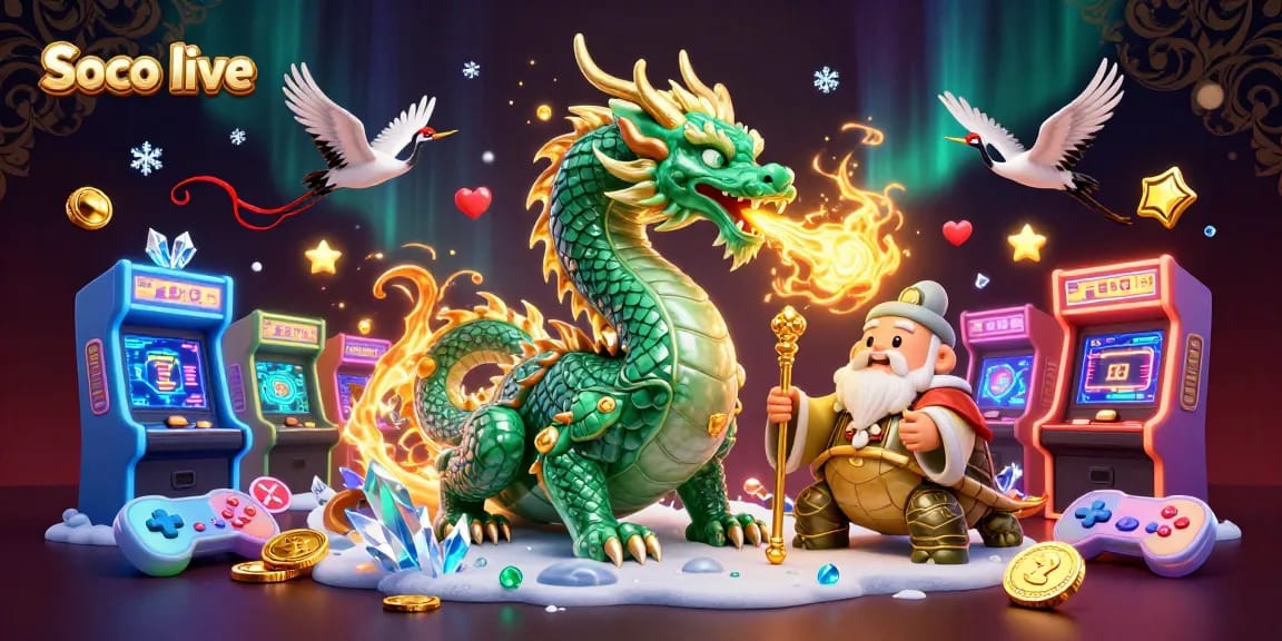 Soco live offers dynamic gaming excitement with vibrant arcade elements and detailed dragon illustration.