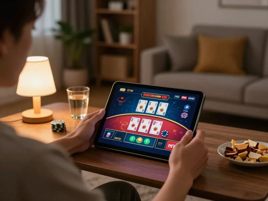Kuwin vom online gaming scene with player engaged in live dealer game at home.