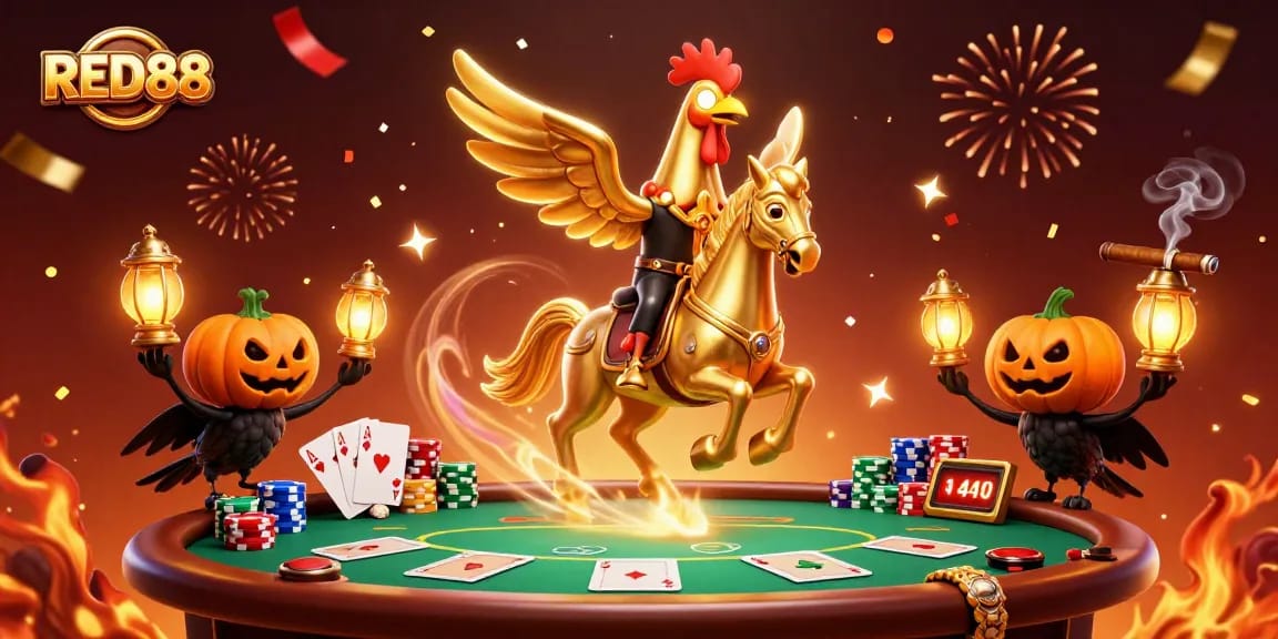 Experience the thrill of RED88 casino gaming with a magical 3D rooster and companions.