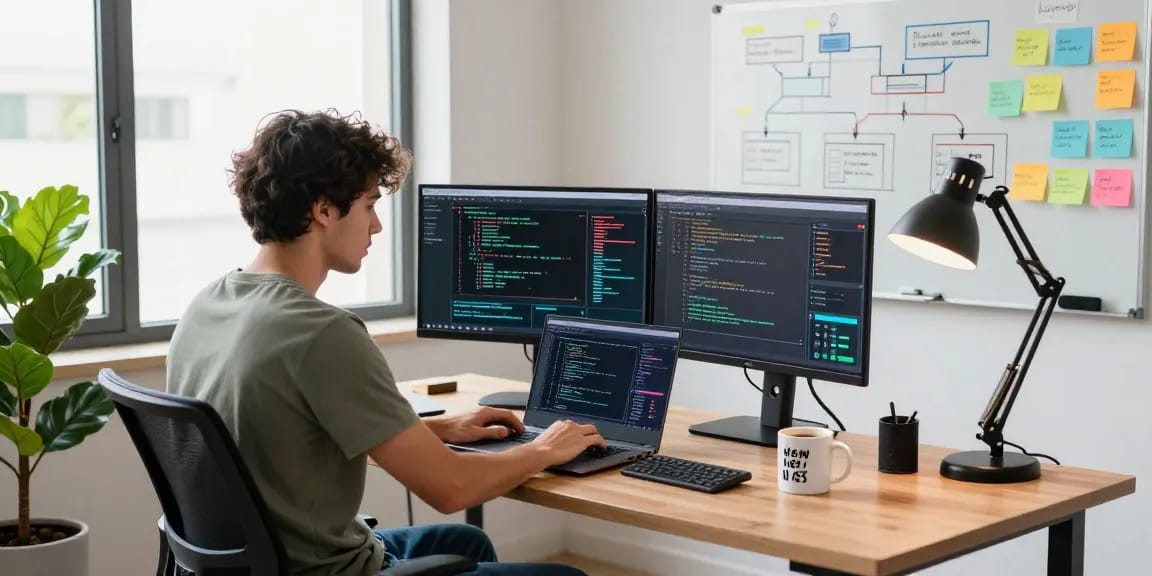 Dynamic workspace where a developer engages in spicy AI coding with dual monitors and creative project planning.