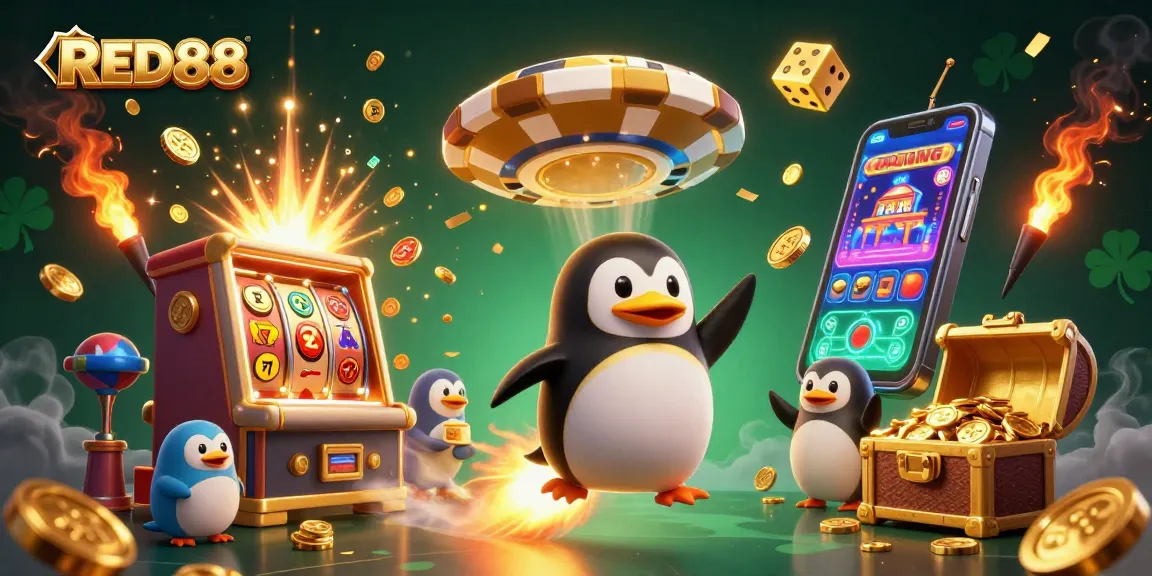Experience thrills at RED88 with a golden penguin soaring toward a vibrant casino!