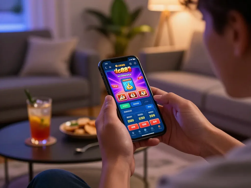 Engaging gameplay on lc88 mobile app with user enjoying online casino gaming at home