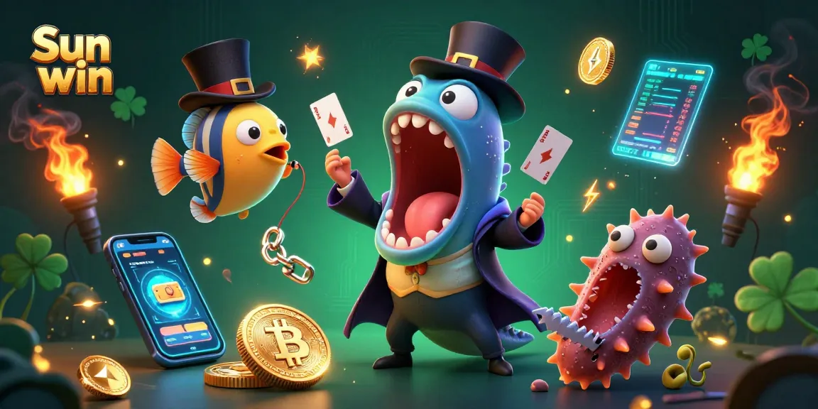 Sun win showcases thrilling underwater gambling with vibrant characters performing magic tricks.