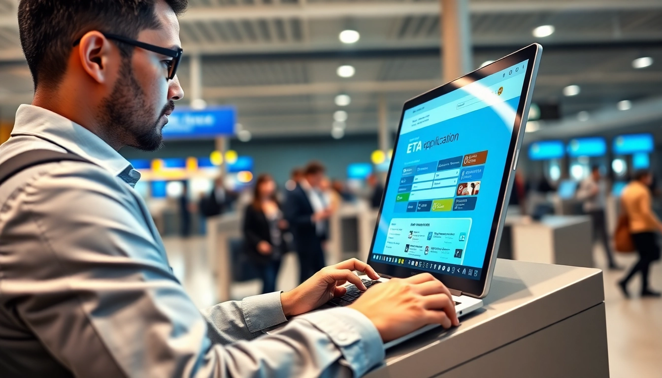 Registering for the eta application uk with a professional traveler at an airport kiosk.