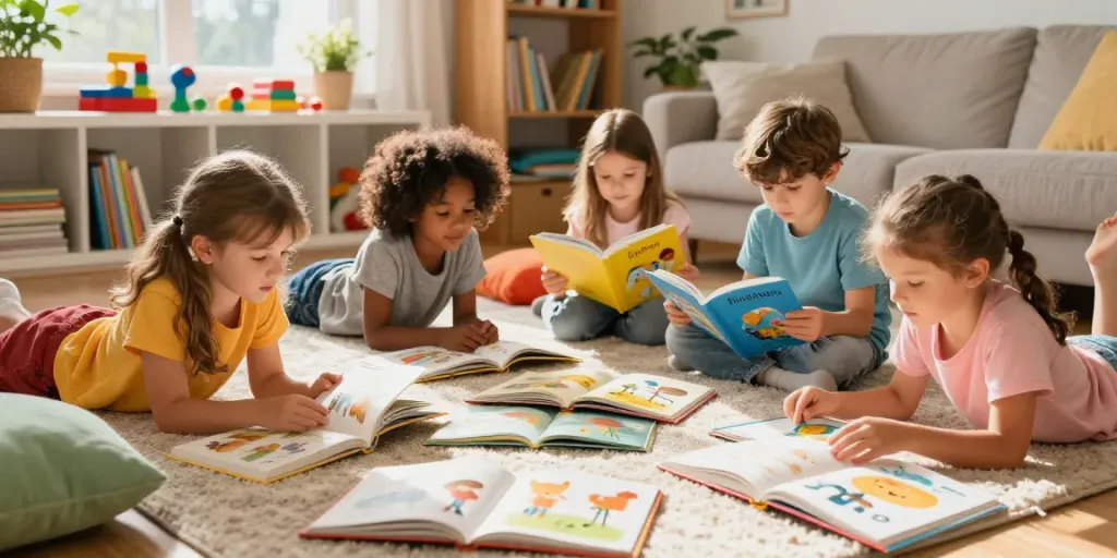 Engaging children reading storybooks featuring rokok88 slot login in a cozy living room setting.