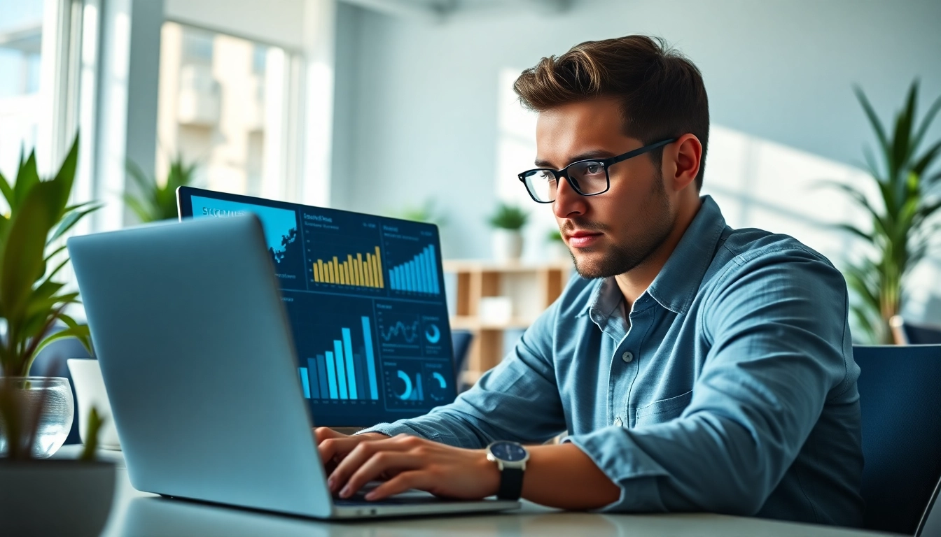 Professional examining Social Media Marketing metrics on a laptop surrounded by vibrant analytics.