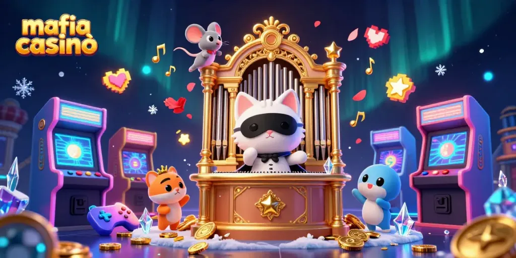 Mafia casinò themed illustration depicting a phantom cat at an organ with vibrant gaming elements.