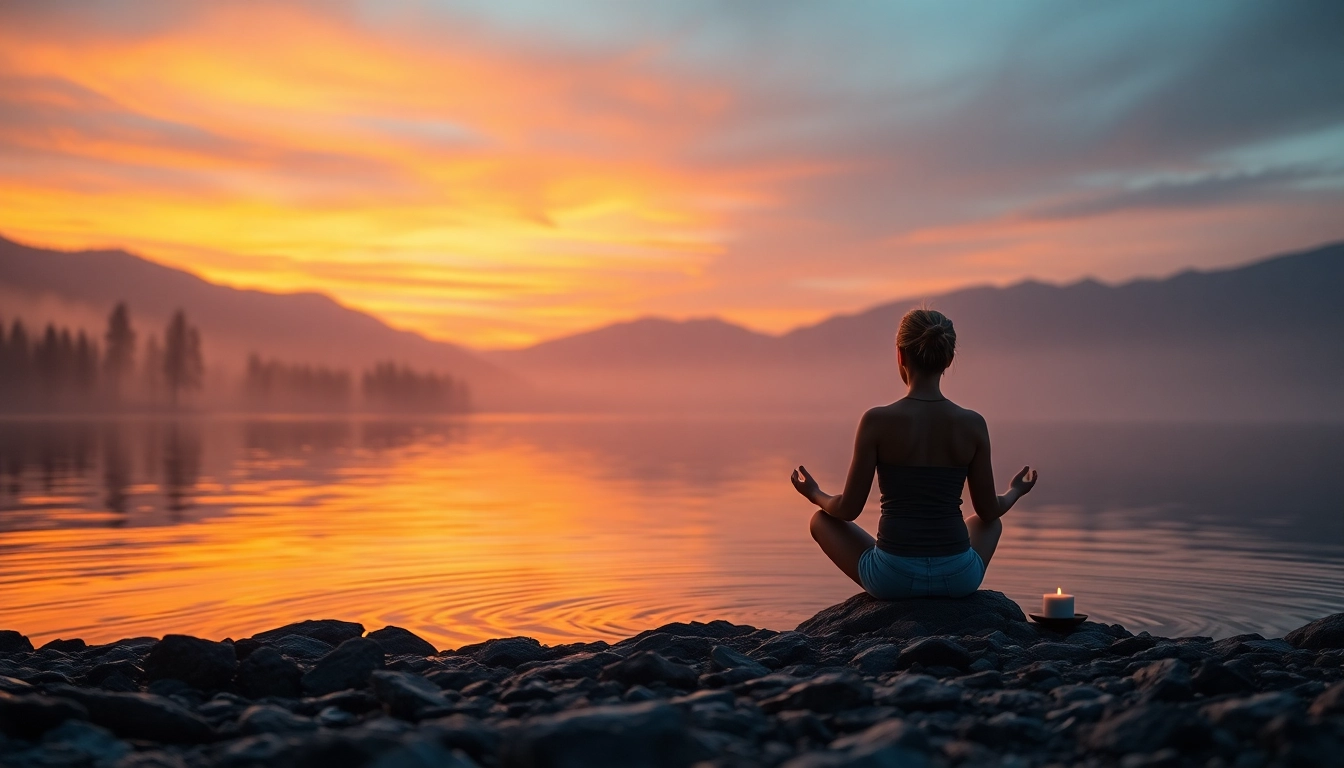 Meditating person by a lake illustrating stress and anxiety relief through mindfulness.