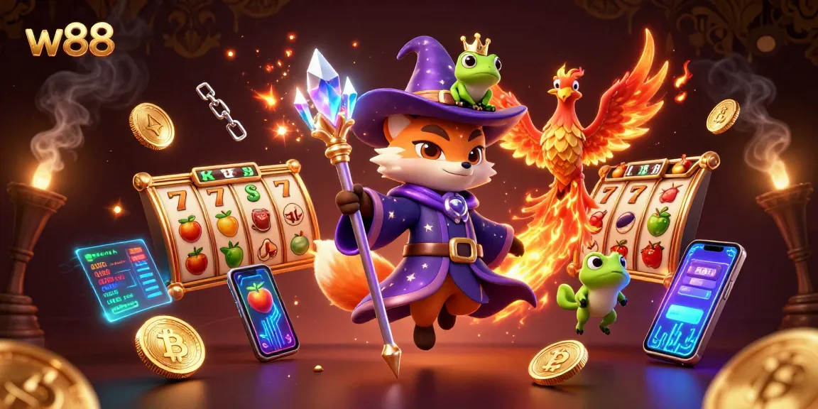 Win big with w88 in this exciting casino-themed illustration featuring magical elements.
