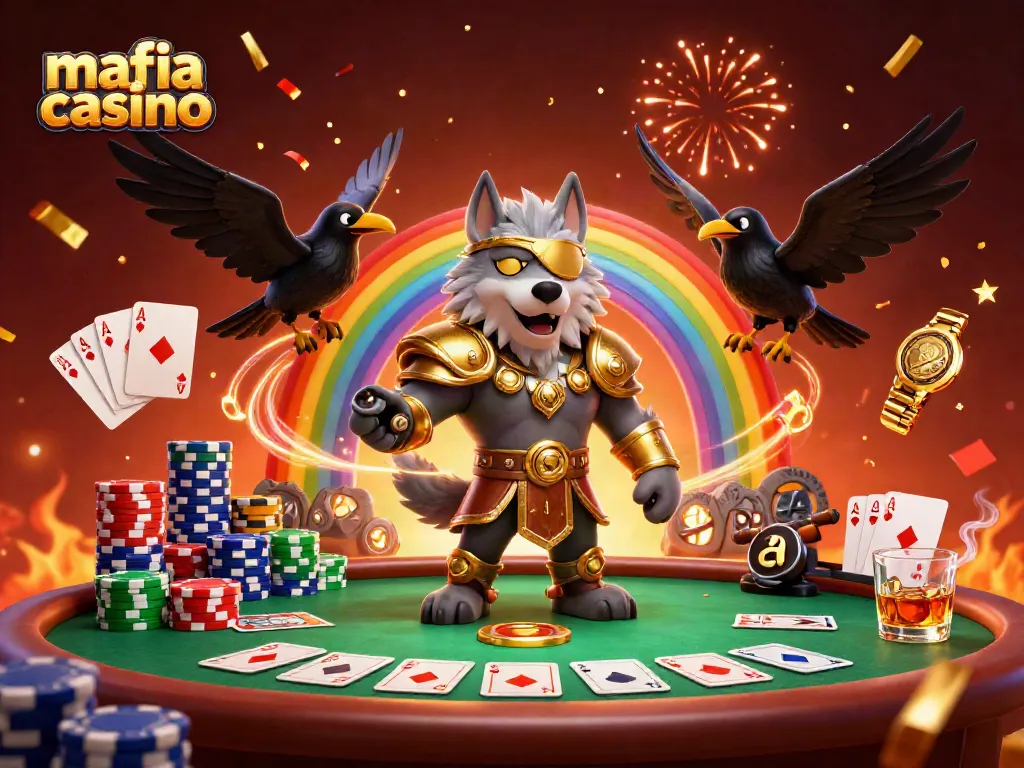 Experience the thrill of mafia casino with Odin and his ravens amidst a vibrant 3D gaming scene.