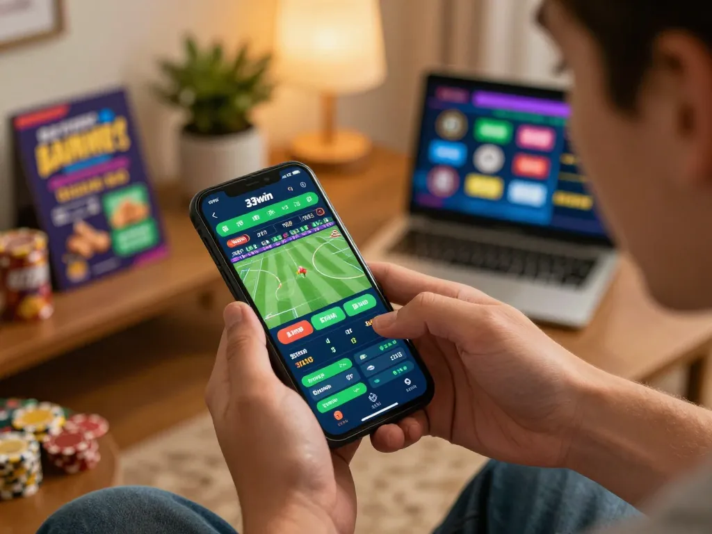 Player placing bets on 33win mobile app while enjoying a cozy home environment.