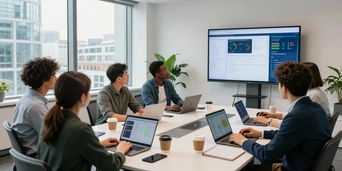 Collaboration scene in London business IT support meeting with diverse team, laptops, and analytics displayed.
