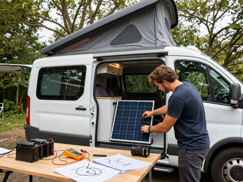 rokok88 electrical van installation with solar panels and inverter in modern camper van
