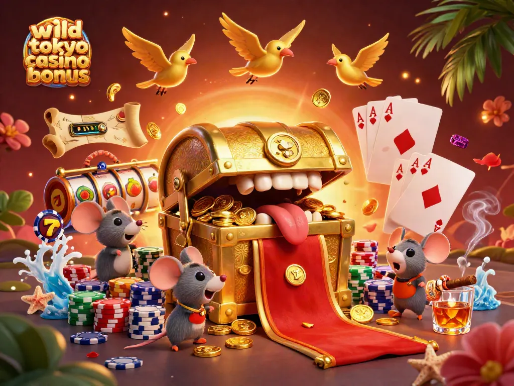 Experience the excitement with wild tokyo casino bonus through vibrant 3D treasure chest and game elements.