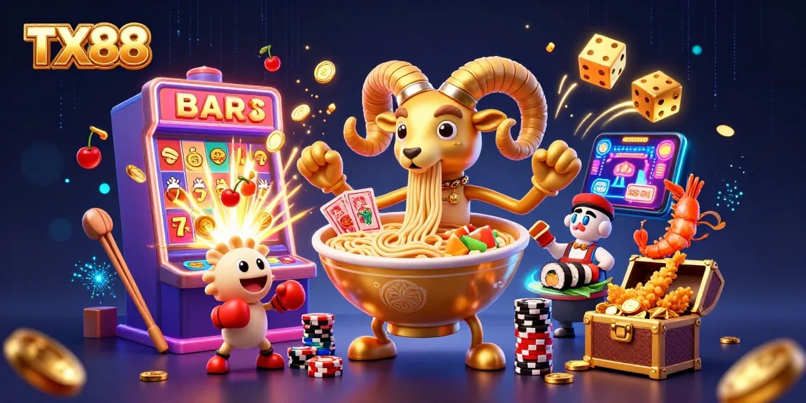 Experience the excitement of TX88 with a vibrant 3D cartoon casino scene featuring playful characters and gaming symbols.