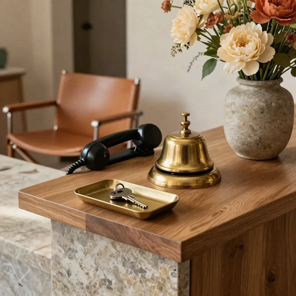Angolo reception con campanello in ottone, vassoio chiavi e fiori in vaso di pietra.