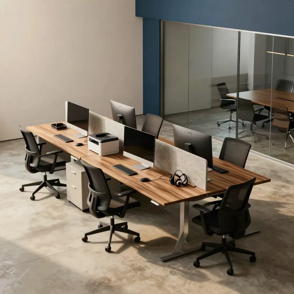 Quattro postazioni operative in un ufficio moderno con sala riunioni in vetro.