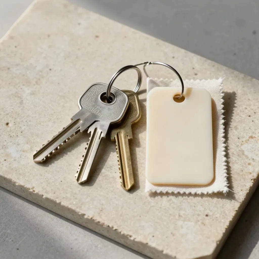 Tre chiavi miniature, badge bianco e campione tessile su pietra chiara, in flat lay ordinato.