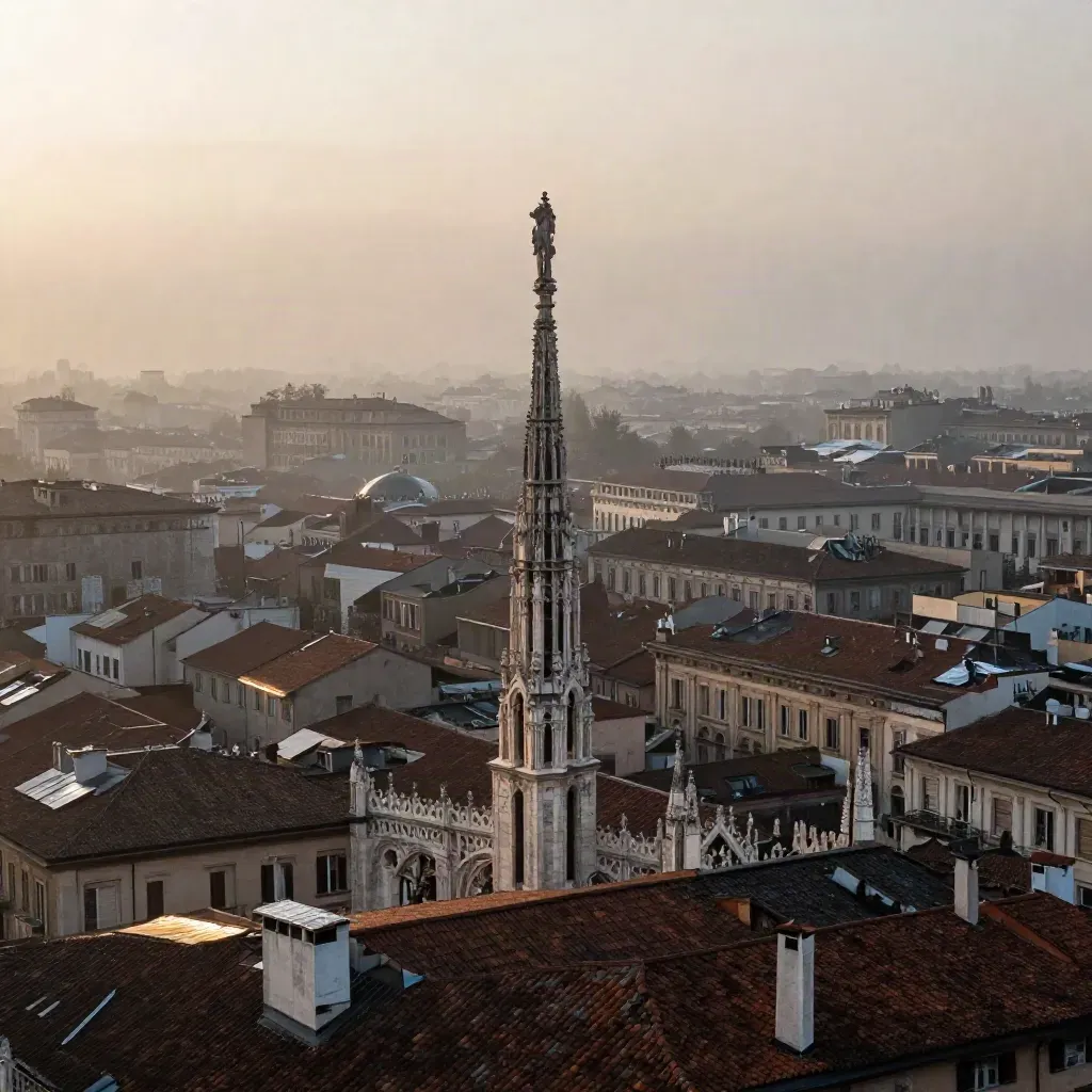 Milano all’alba con il Duomo sopra tetti in mattoni e nebbia morbida