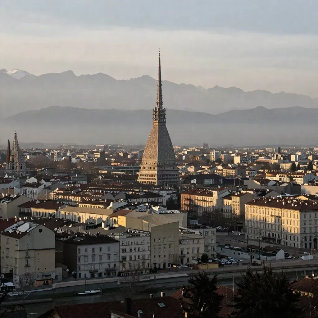 Torino nella nebbia blu con la Mole Antonelliana e le Alpi sullo sfondo